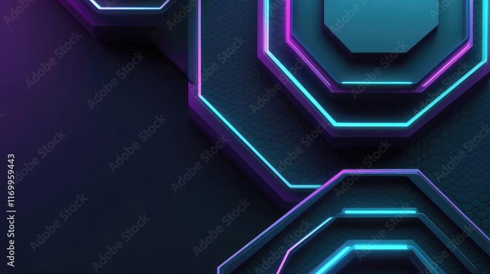 Poster abstract geometric background with layered hexagons and a glowing gradient of teal and purple hues. 