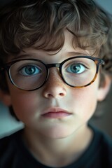 Fototapeta premium Young boy with glasses, blue eyes and contemplative expression.