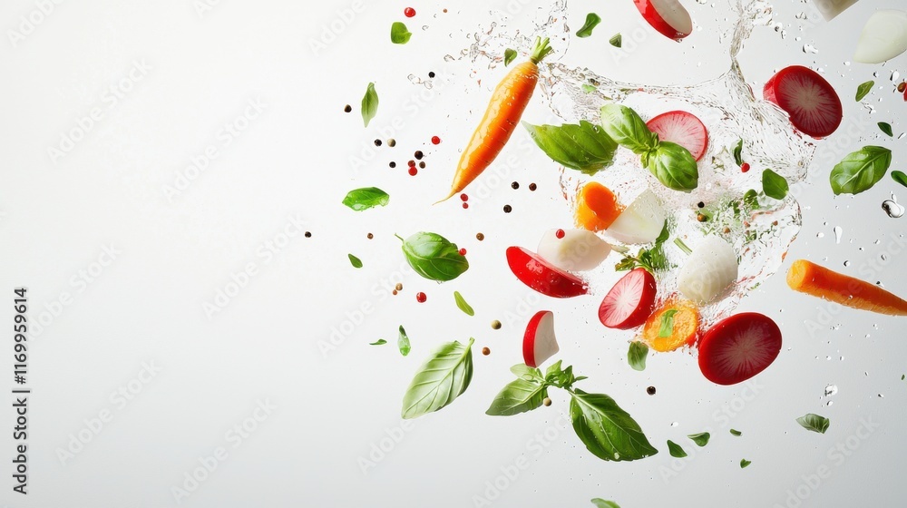 Poster visually dynamic 3d render of fresh herbs and vegetables in motion vibrant colors falling leaves and