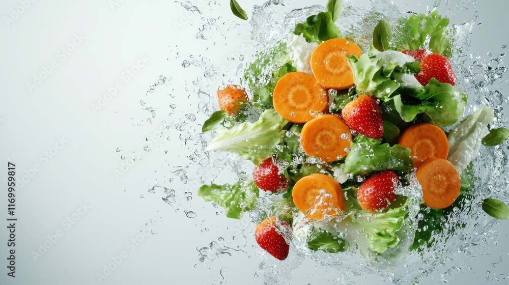 Poster visually striking 3d render of mixed produce like carrots strawberries and greens floating in splash