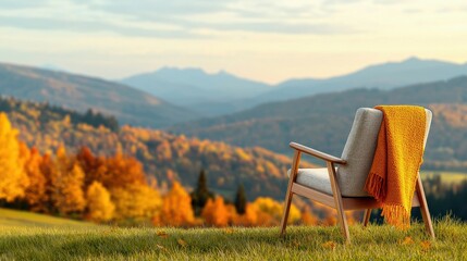 Fototapeta premium [Soothing textures Comforting Soft Mellow] Serene Autumn Afternoon - Wooden Adirondack Chair Against Clear Blue Sky Amidst Yellow Leaf Trees Over Mountain Valley Landscape