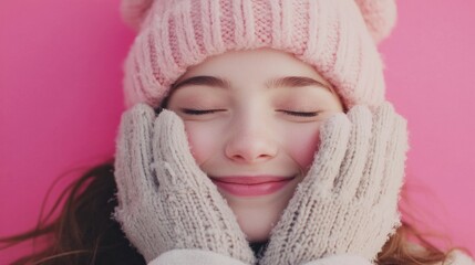 A happy woman with rosy cheeks, wearing a pink beanie and knitwear, smiling brightly. She is hugging her chin through her winter gloves.