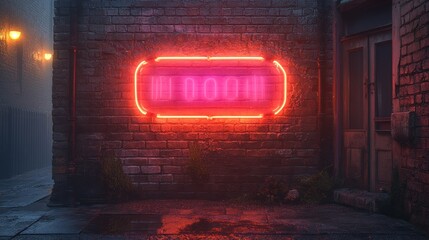 Fototapeta premium Neon sign glowing on a brick wall in an alley.