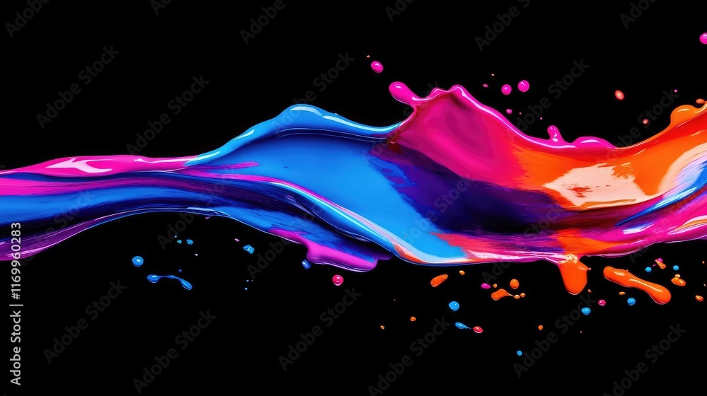 Poster abstract paint splatter patterns in bold neon colors on a dark background, creating contrast. no tex