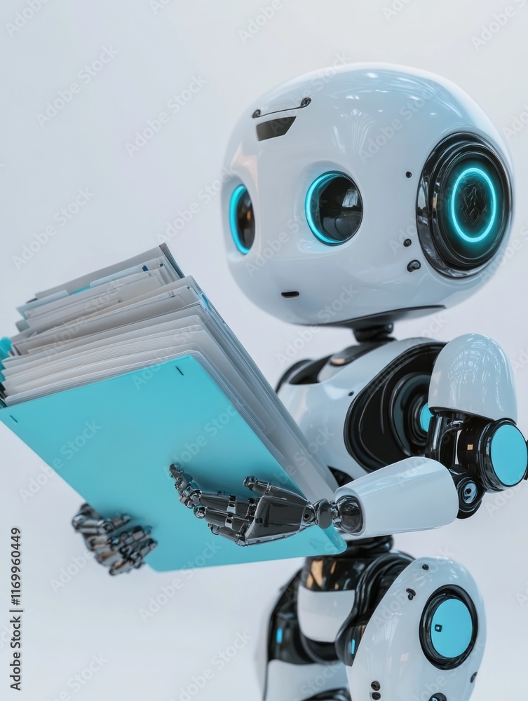 Poster a robot reading a book with its mechanical hands, showcasing an aspect of advanced technology and po