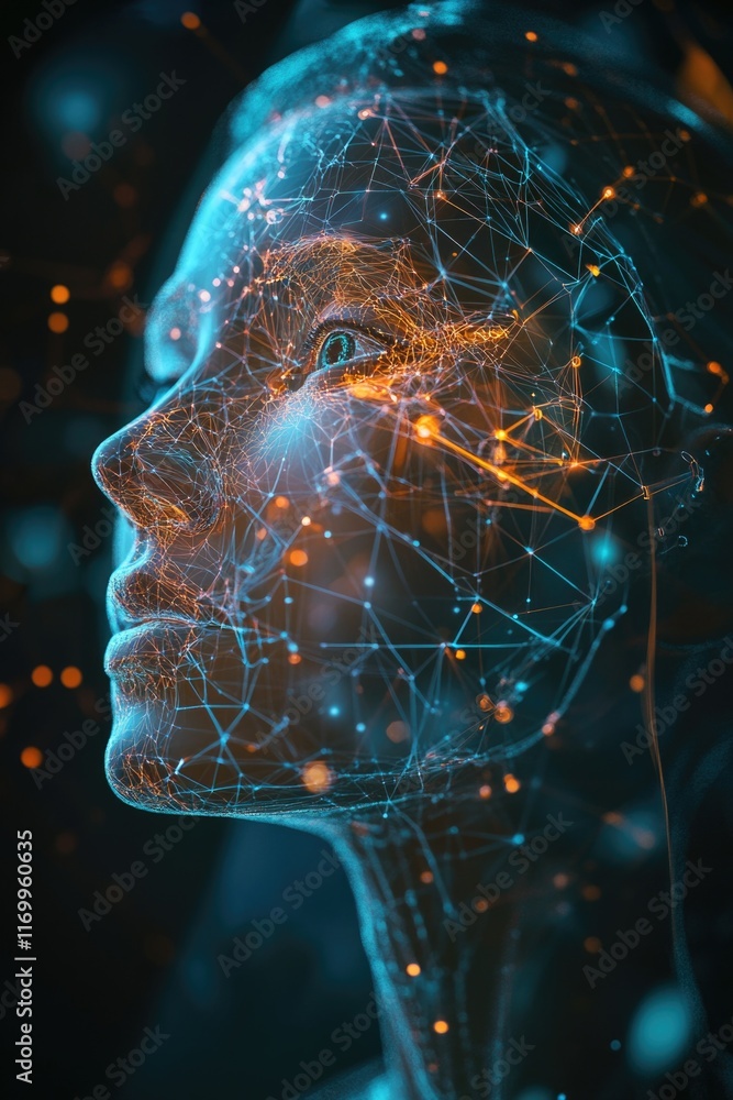 Aufkleber a woman's face and brain intertwined with digital circuitry and sparkling particles, representing ar