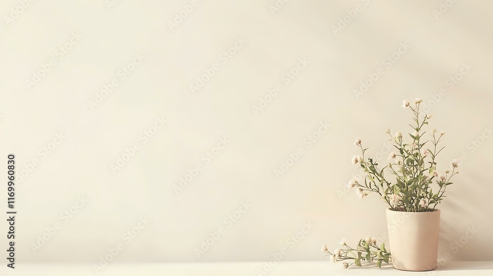 Aufkleber a pale cream background with minimal textures and a flower pot in the bottom right corner, leaving a