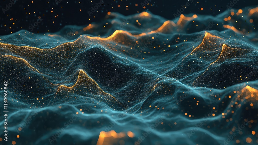 Poster ai-designed abstract golden waveforms gently flowing across a dark background, with a clean space fo