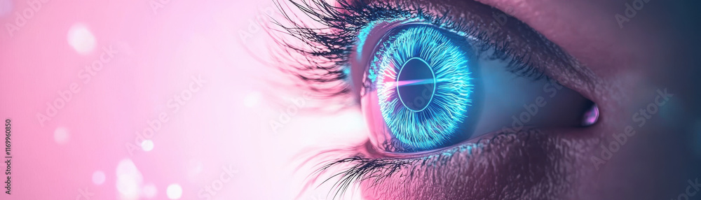 Poster close up of futuristic eye with glowing blue patterns, surrounded by pink background, creating mesme