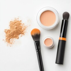 Makeup application essentials brushes and powders for flawless skin beauty room product showcase organized space close-up view cosmetics artistry