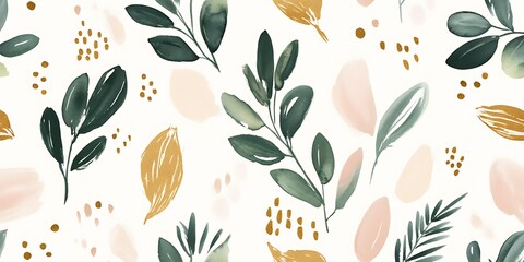 Watercolor floral pattern; leaves, blush, gold; seamless design; website background.