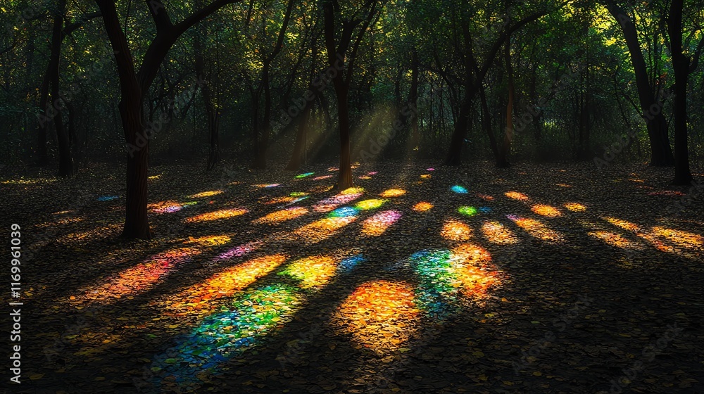 Poster sunlight streams through the trees in a forest, creating colorful, abstract patterns on the ground.