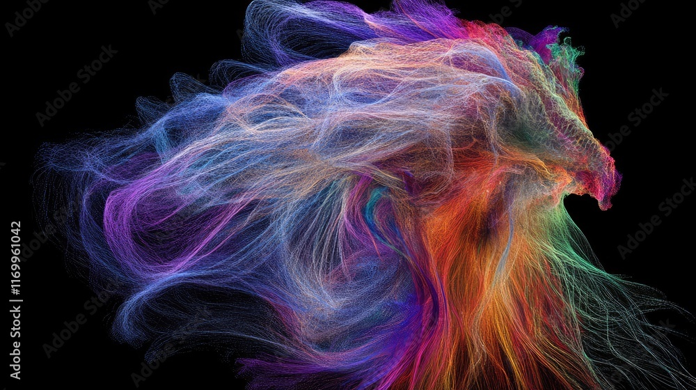 Poster ai-designed colorful particle trails in motion forming abstract wave patterns on a black background.