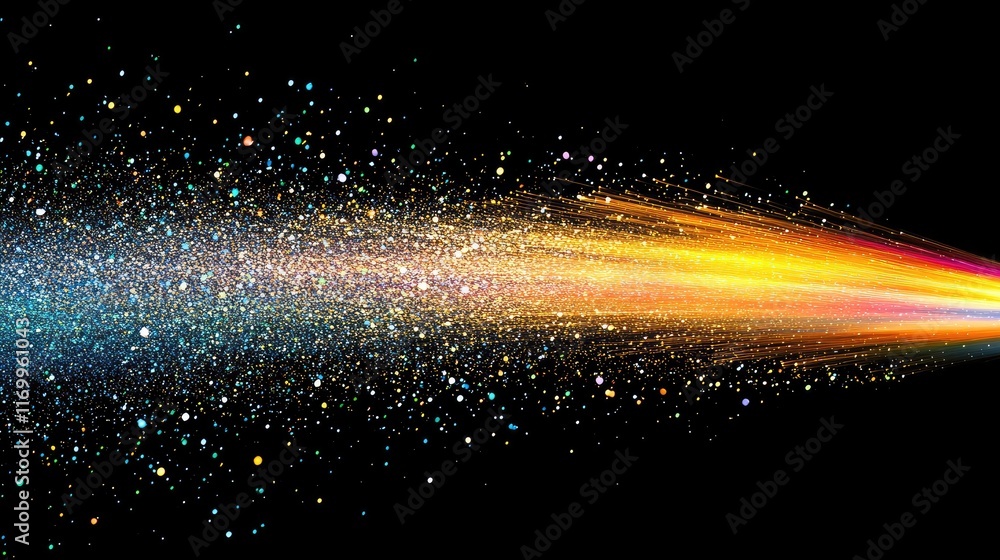 Poster ai-designed colorful particle trails in motion forming abstract wave patterns on a black background.