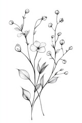 Black and white watercolor botanical illustration of flowers with stems.