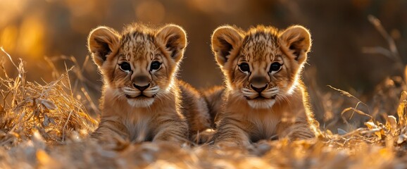 Obraz premium Two Adorable Lion Cubs in Golden Sunlight