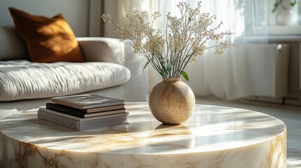 [Cozy living room interior design ideas] Cozy Living Room with Warm Sunlit Floor and Marble Table in Neutral Tones.
