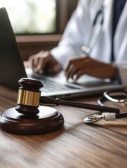 A medical professional using a laptop with a gavel, symbolizing the legal side of healthcare. Includes office setting and technology usage.