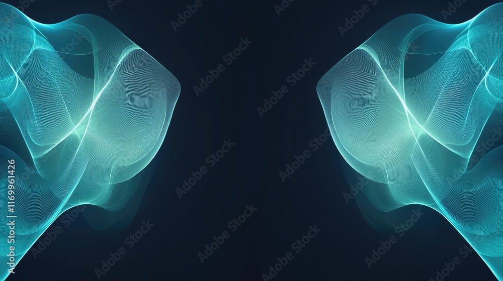 Poster ai-designed symmetrical glowing patterns in teal and blue on a dark background, providing ample spac