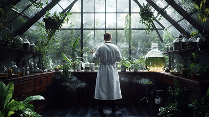 botanist in greenhouse examines plants surrounded by greenery and glass. atmosphere is serene and filled with various plant species