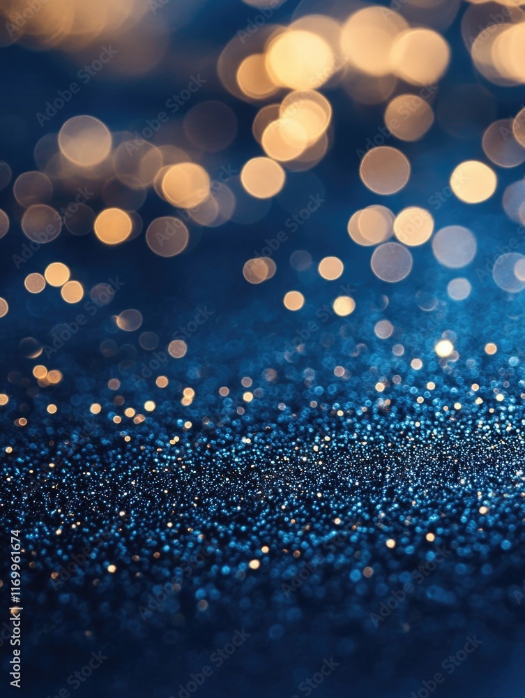 Poster a shimmering background of bokeh lights and glitter particles with a blue tint, creating a magical a