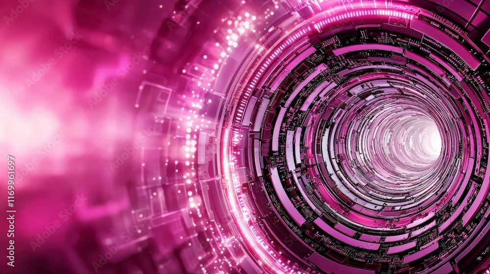 Poster abstract futuristic tunnel with glowing pink lights and digital circuit patterns