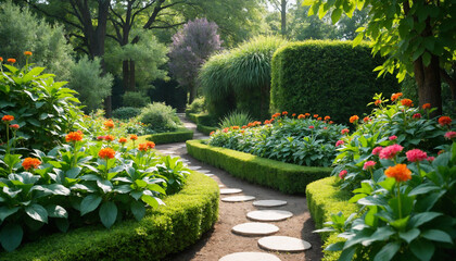 Obraz premium beautiful landscaped garden pathway surrounded by vibrant flowers and greenery