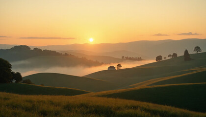 Obraz premium breathtaking sunrise over rolling hills with a house in the distance