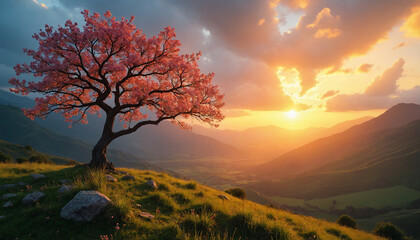Obraz premium blossoming cherry tree on a hillside during a vibrant sunset