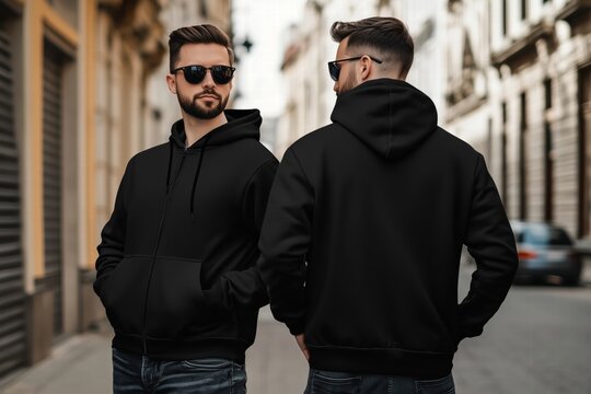 A stylish young man wearing a black zipped hoodie mockup front and back sides and sunglasses, standing in a city street. He is posed from the front and back, showcasing the hoodie design. 