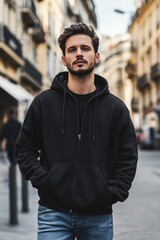 Fototapeta premium A young man in a black zipped hoodie mockup stands confidently on a city street. He has a stylish haircut and a slight beard, with hands in his pockets. 