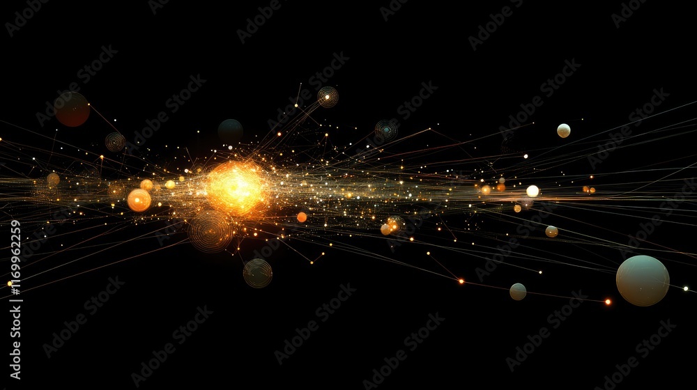 Poster ai-rendered glowing digital lines and abstract glowing orbs floating over a black background, offeri