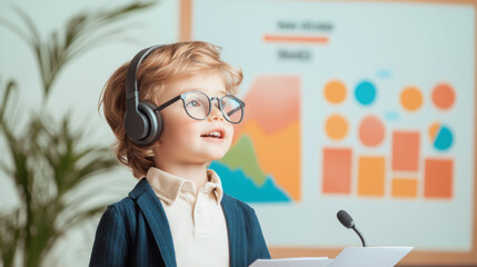 child presenting business proposal with enthusiasm, wearing glasses and headphones, in modern office setting. Colorful charts and graphs are visible in background