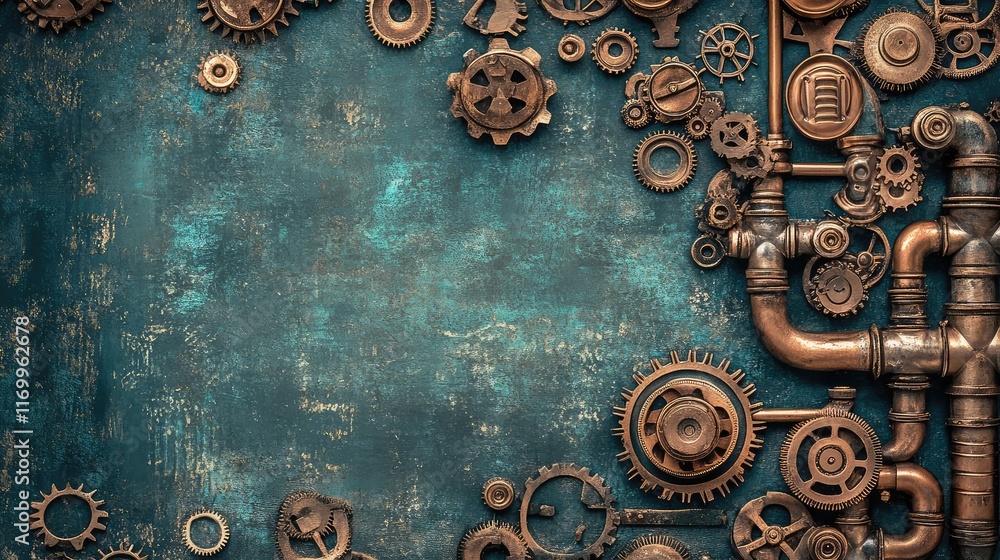Poster an artistic steampunk design with intricate copper pipes and gears arranged on a distressed backgrou