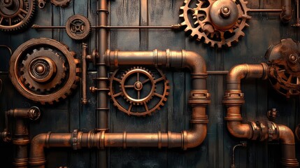 An industrial steampunk backdrop featuring bronze-colored gears and pipes with intricate details, leaving an area for text or logos.