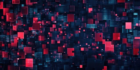 Computer generated image of a cityscape with red and blue squares. The image is full of squares and has a futuristic feel to it