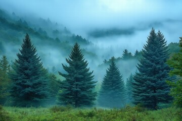 Fototapeta premium Misty morning in the forest with evergreen trees surrounded by fog in a lush green landscape