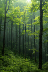 Lush green forest with mist enveloping tall trees during early morning