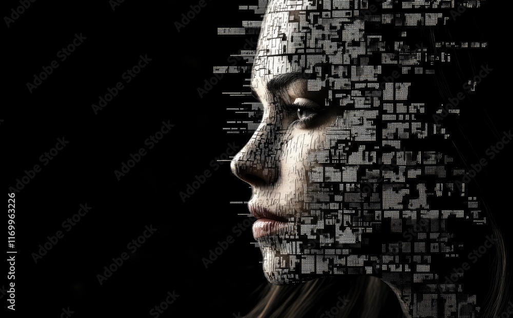 Poster A fragmented portrait of a woman’s face formed by pixel-like patterns and code elements, set against a dark background. Ideal for use in technology, artificial intelligence, and cybersecurity contexts