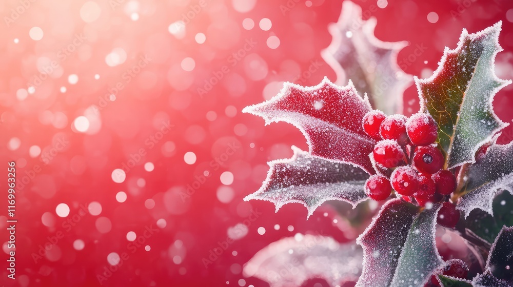Poster a close-up of frosted holly leaves and berries on a soft red background with subtle bokeh effects. n