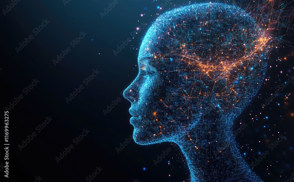 Poster A conceptual side profile of a female head composed of glowing blue and orange digital particles and network-like structures against a dark background. Idea for artificial intelligence, technology