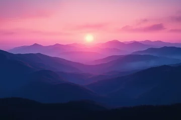 Gardinen Sunrise over mountain ranges creating a breathtaking view with hues of purple and orange at dawn © EdvvinStudios