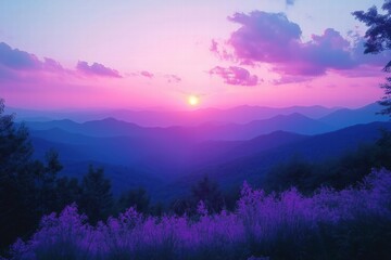 Sunset over mountains and wildflowers creates magical twilight in the valley