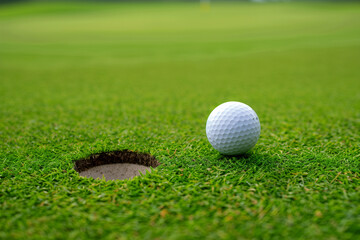 Golf Ball Positioned on Manicured Grass Close to Hole Perfect for Competitive Matches and Outdoor Leisure Activities