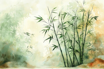 Watercolor painting of bamboo forest, serene nature scene.