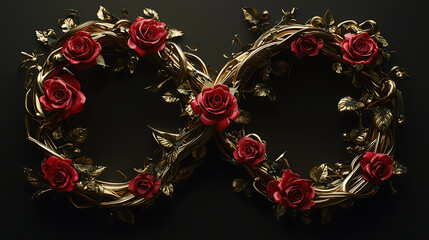 Infinity symbol adorned with red roses and delicate gold vines, symbolizing love