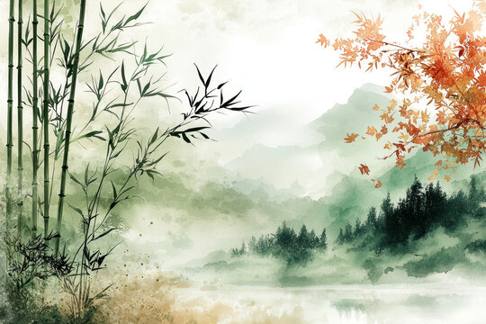 Serene watercolor landscape of bamboo, mountains, and autumn foliage.