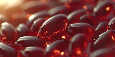 Close-up view of red gelatin capsules, often used for dietary supplements or nutraceutical products.