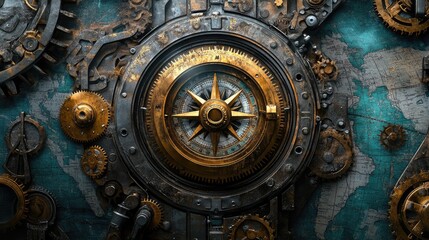 Obraz premium A rustic steampunk compass surrounded by exposed brass gears, on a faded map background with ample space for text or logos.