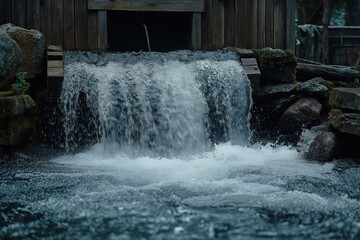 Water cascades gently from a rustic wooden structure into a serene pond surrounded by rocks